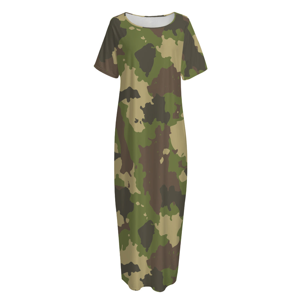 Classic Green Camouflage Print Short Sleeve Long Nightdress