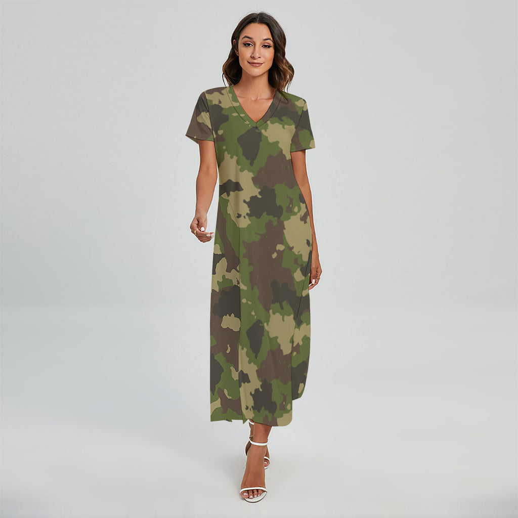 Classic Green Camouflage Print Short Sleeve Maxi Dress