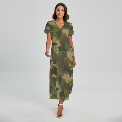 Classic Green Camouflage Print Short Sleeve Maxi Dress