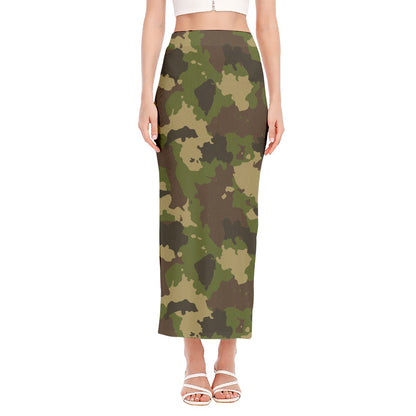 Classic Green Camouflage Print Side Slit Maxi Skirt