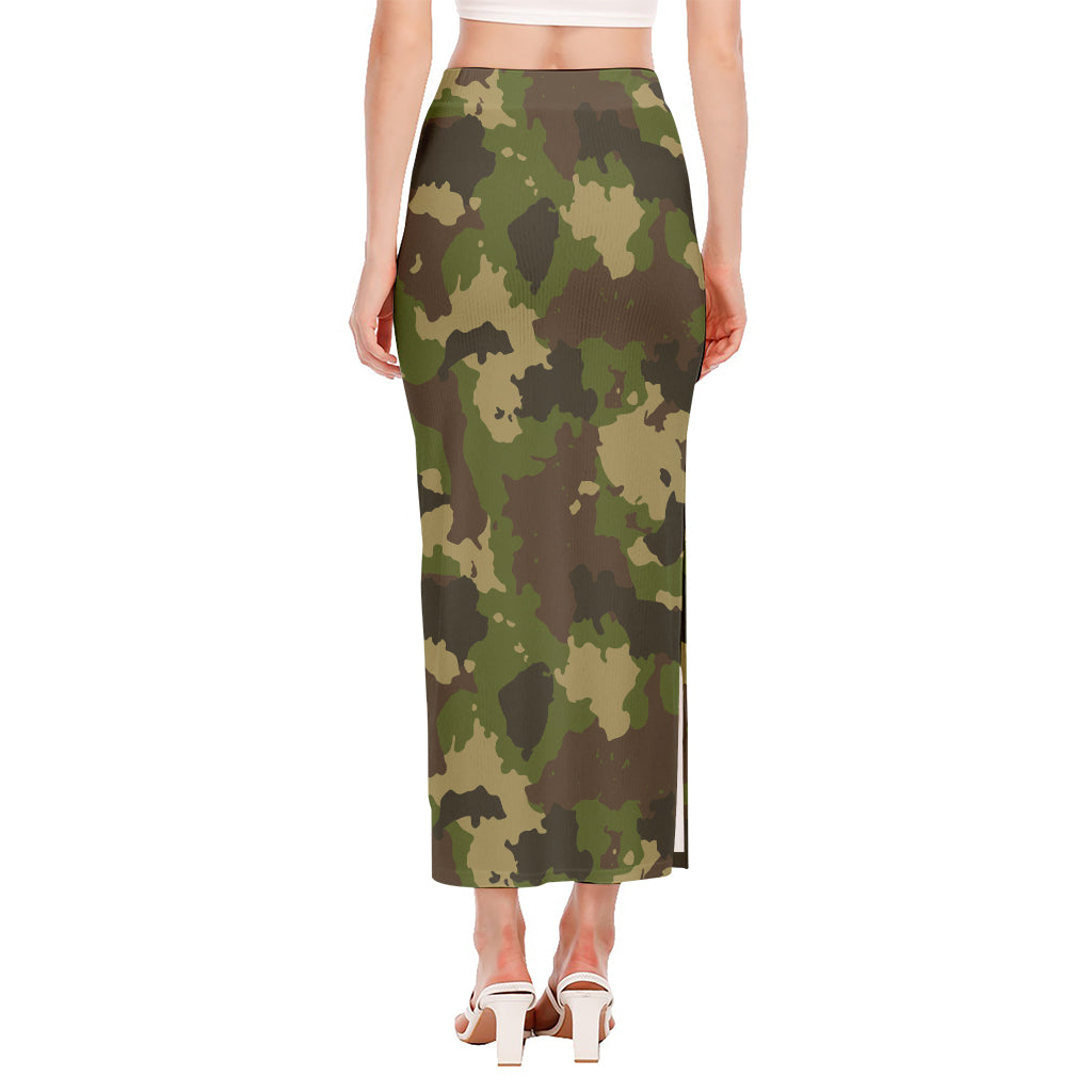 Classic Green Camouflage Print Side Slit Maxi Skirt