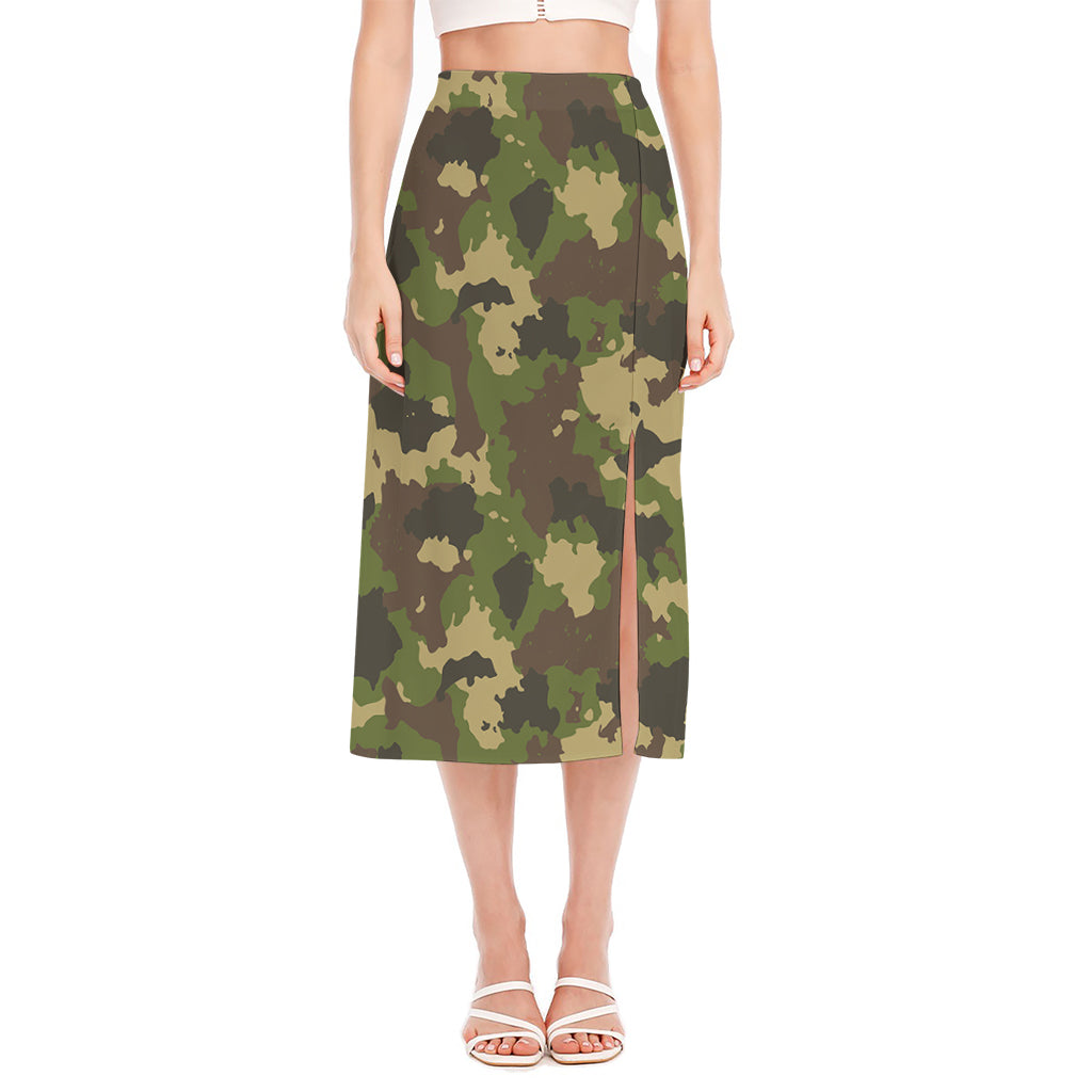 Classic Green Camouflage Print Side Slit Midi Skirt