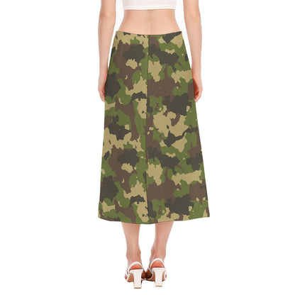 Classic Green Camouflage Print Side Slit Midi Skirt