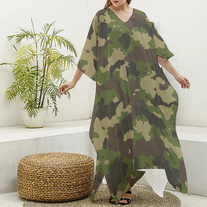 Classic Green Camouflage Print Silk V-Neck Kaftan Dress