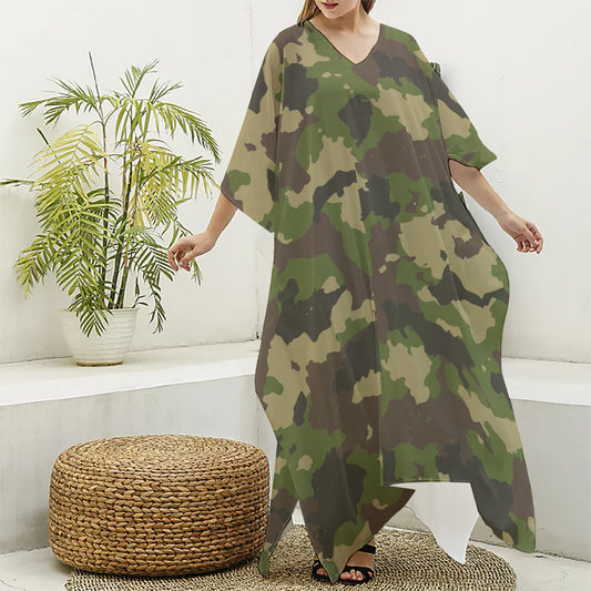 Classic Green Camouflage Print Silk V-Neck Kaftan Dress