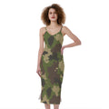 Classic Green Camouflage Print Slim Fit Midi Cami Dress