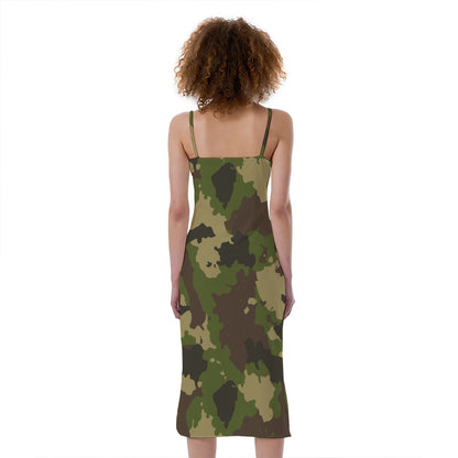 Classic Green Camouflage Print Slim Fit Midi Cami Dress