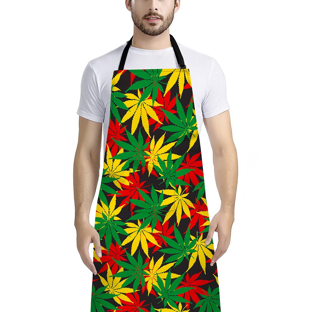 Classic Hemp Leaves Reggae Pattern Print Bib Apron With Pocket