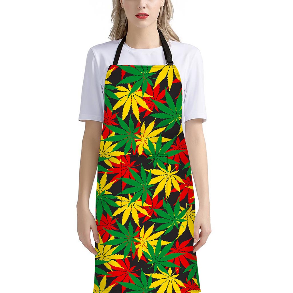 Classic Hemp Leaves Reggae Pattern Print Bib Apron With Pocket