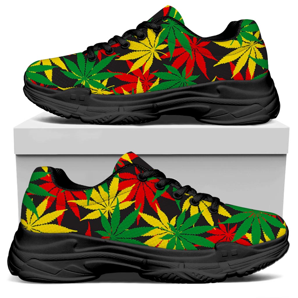 Classic Hemp Leaves Reggae Pattern Print Black Chunky Shoes