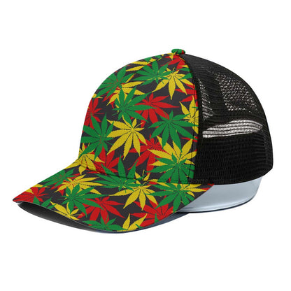 Classic Hemp Leaves Reggae Pattern Print Black Mesh Trucker Cap