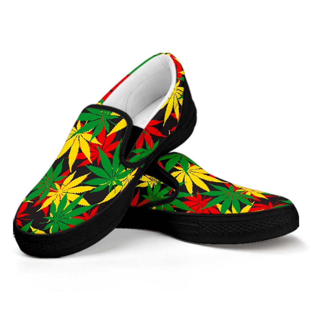 Classic Hemp Leaves Reggae Pattern Print Black Slip On Sneakers