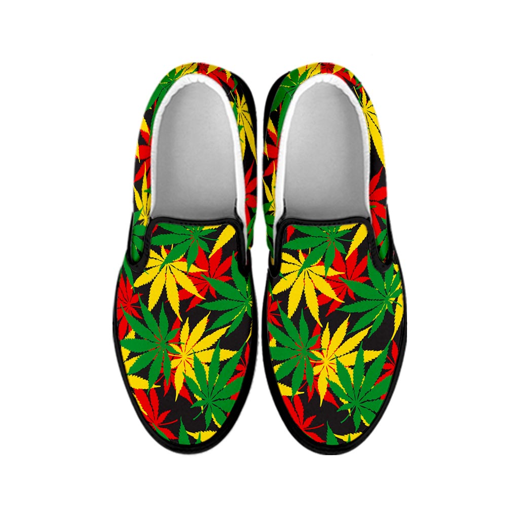 Classic Hemp Leaves Reggae Pattern Print Black Slip On Sneakers