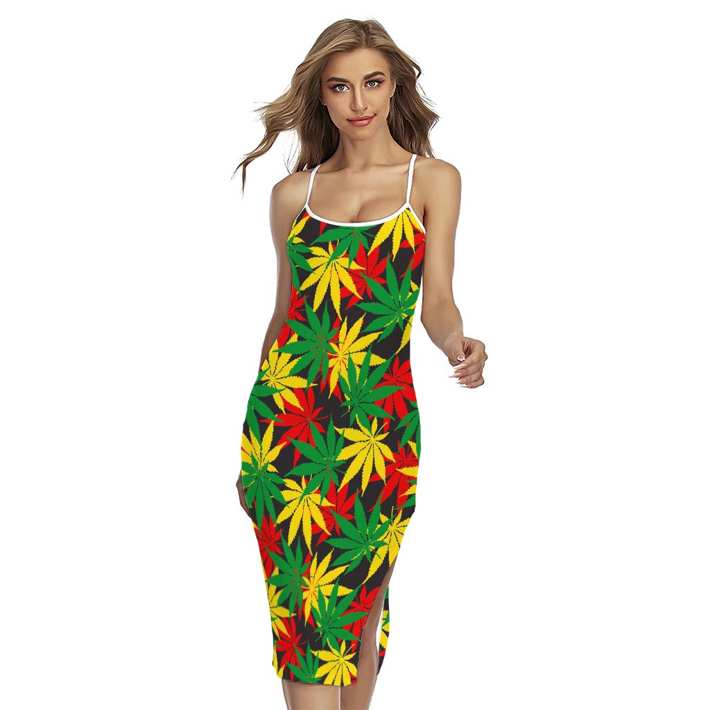 Classic Hemp Leaves Reggae Pattern Print Cross Back Cami Dress