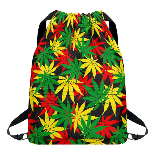 Classic Hemp Leaves Reggae Pattern Print Drawstring Backpack