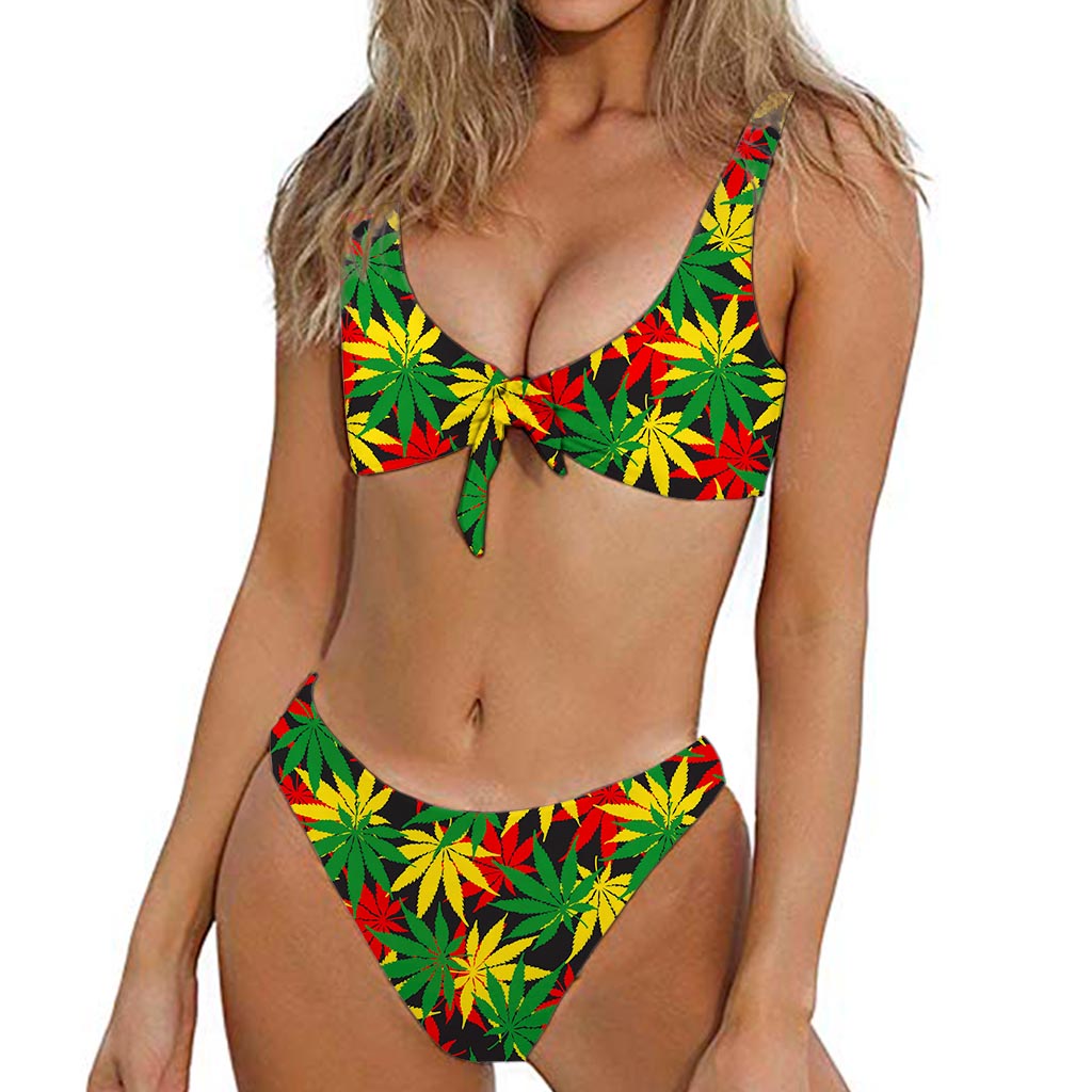 Classic Hemp Leaves Reggae Pattern Print Front Bow Tie Bikini