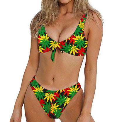 Classic Hemp Leaves Reggae Pattern Print Front Bow Tie Bikini