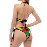 Classic Hemp Leaves Reggae Pattern Print Halter Scoop Tie Side Bikini