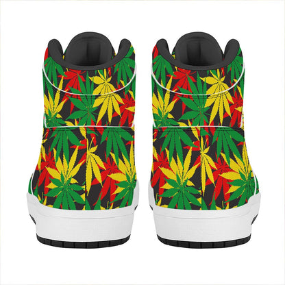 Classic Hemp Leaves Reggae Pattern Print High Top Leather Sneakers