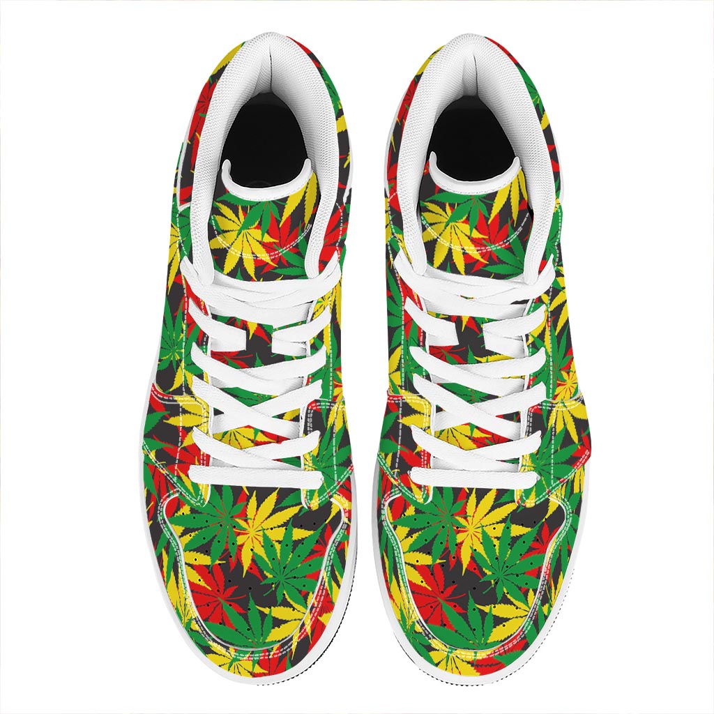 Classic Hemp Leaves Reggae Pattern Print High Top Leather Sneakers