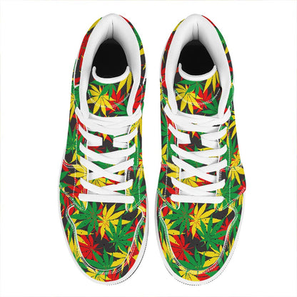 Classic Hemp Leaves Reggae Pattern Print High Top Leather Sneakers