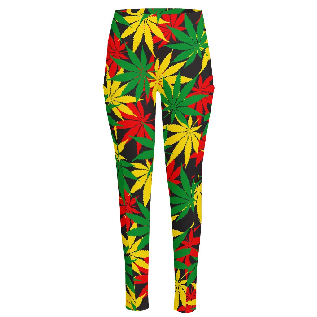 Classic Hemp Leaves Reggae Pattern Print High-Waisted Pocket Leggings