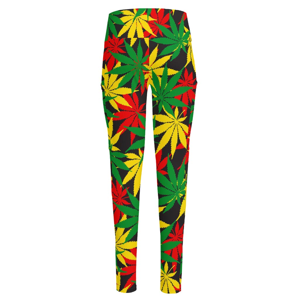 Classic Hemp Leaves Reggae Pattern Print High-Waisted Pocket Leggings