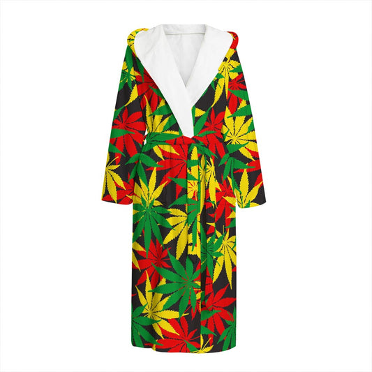 Classic Hemp Leaves Reggae Pattern Print Hooded Bathrobe