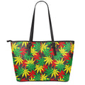Classic Hemp Leaves Reggae Pattern Print Leather Tote Bag With Zipper