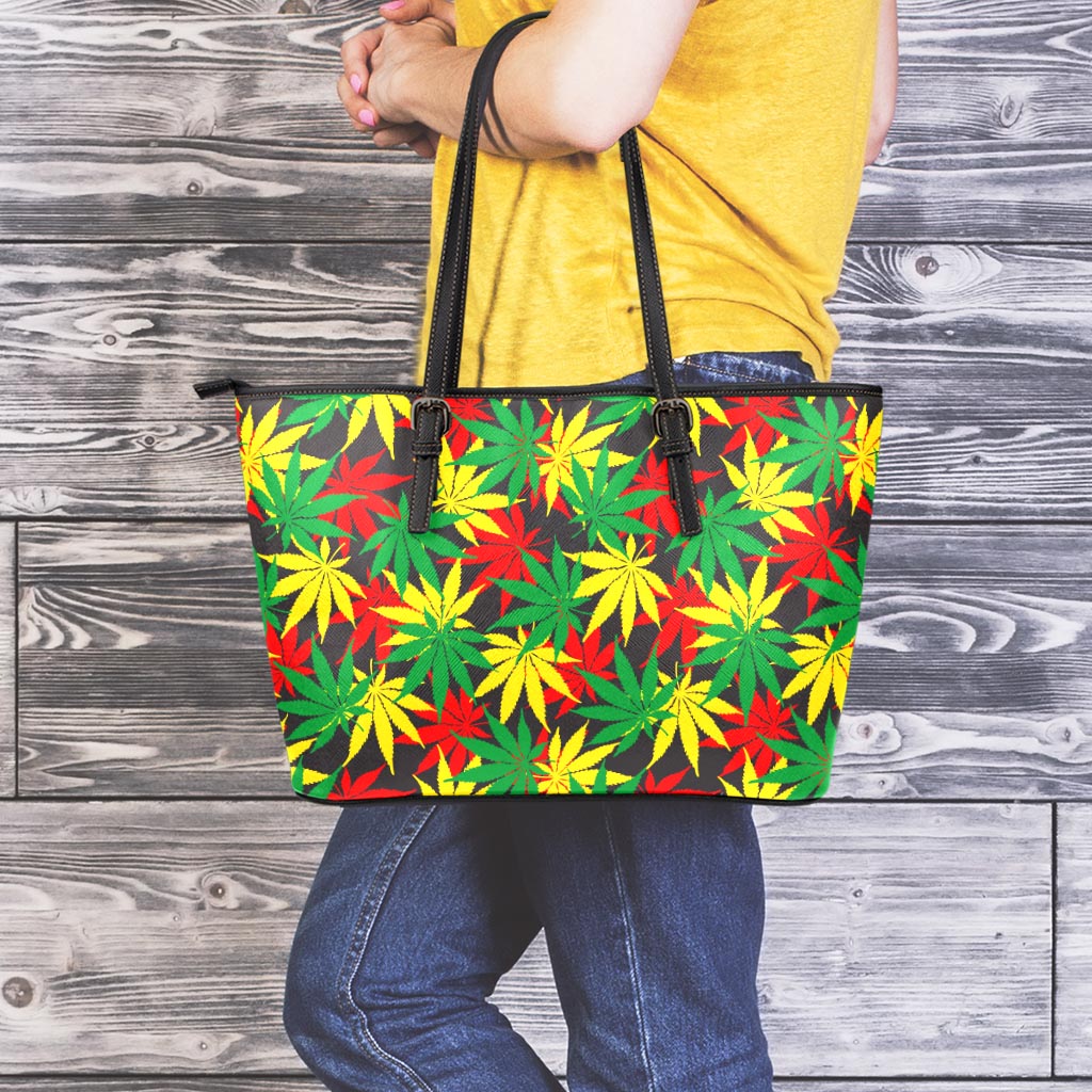 Classic Hemp Leaves Reggae Pattern Print Leather Tote Bag