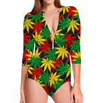 Classic Hemp Leaves Reggae Pattern Print Long Sleeve Swimsuit