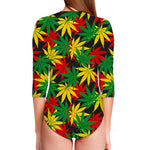 Classic Hemp Leaves Reggae Pattern Print Long Sleeve Swimsuit