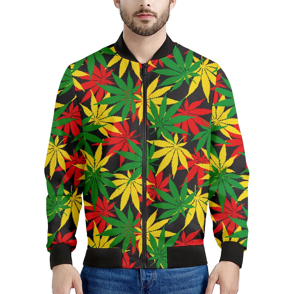 Classic Hemp Leaves Reggae Pattern Print Men's Bomber Jacket