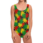 Classic Hemp Leaves Reggae Pattern Print One Piece Swimsuit