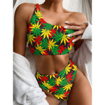 Classic Hemp Leaves Reggae Pattern Print One Shoulder Bikini Top