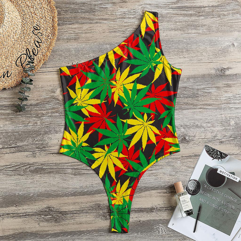 Classic Hemp Leaves Reggae Pattern Print One Shoulder Bodysuit