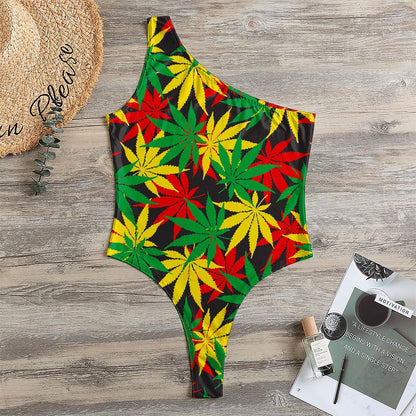 Classic Hemp Leaves Reggae Pattern Print One Shoulder Bodysuit