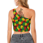 Classic Hemp Leaves Reggae Pattern Print One Shoulder Crop Top