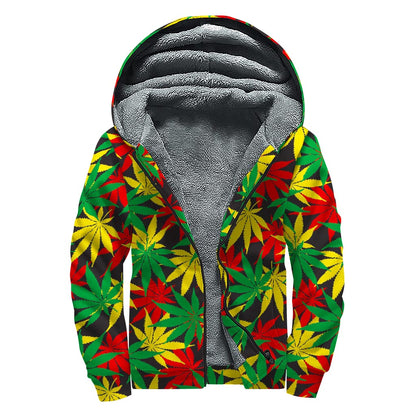 Classic Hemp Leaves Reggae Pattern Print Sherpa Lined Zip Up Hoodie