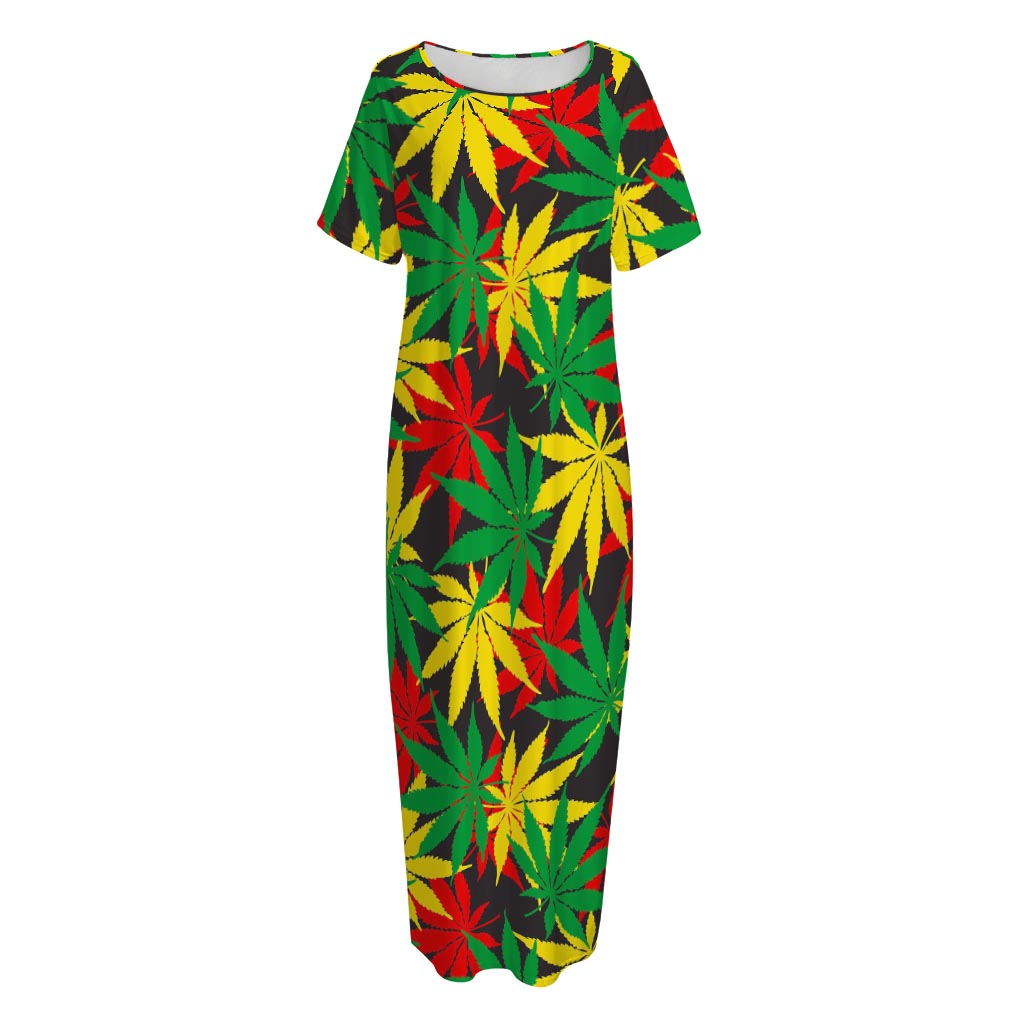 Classic Hemp Leaves Reggae Pattern Print Short Sleeve Long Nightdress