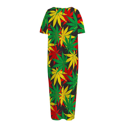 Classic Hemp Leaves Reggae Pattern Print Short Sleeve Long Nightdress