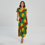 Classic Hemp Leaves Reggae Pattern Print Short Sleeve Maxi Dress