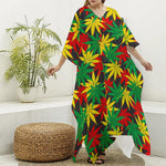 Classic Hemp Leaves Reggae Pattern Print Silk V-Neck Kaftan Dress