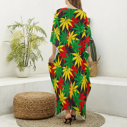 Classic Hemp Leaves Reggae Pattern Print Silk V-Neck Kaftan Dress