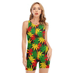 Classic Hemp Leaves Reggae Pattern Print Sleeveless One Piece Swimsuit
