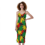 Classic Hemp Leaves Reggae Pattern Print Slim Fit Midi Cami Dress