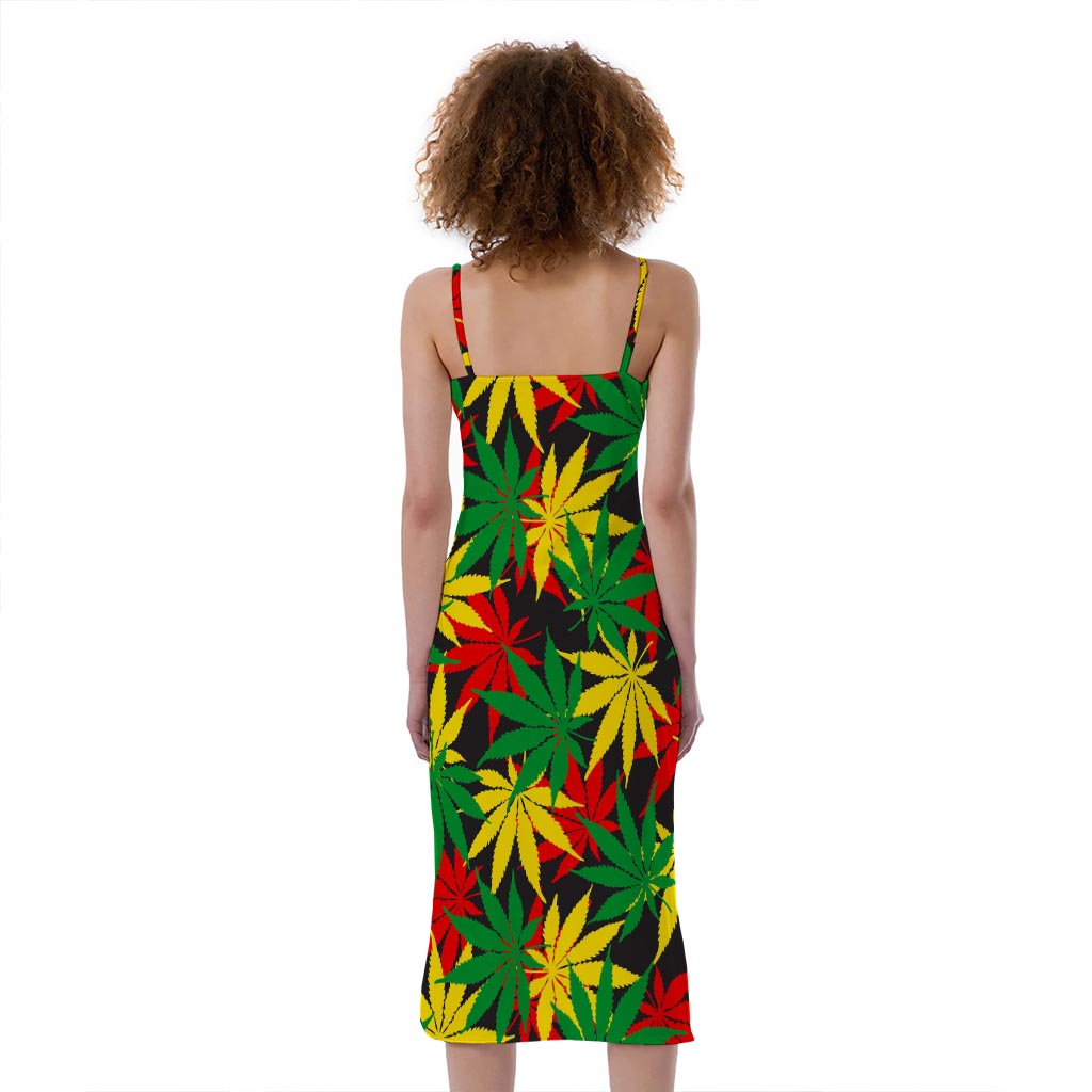 Classic Hemp Leaves Reggae Pattern Print Slim Fit Midi Cami Dress