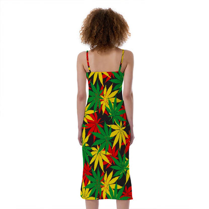 Classic Hemp Leaves Reggae Pattern Print Slim Fit Midi Cami Dress