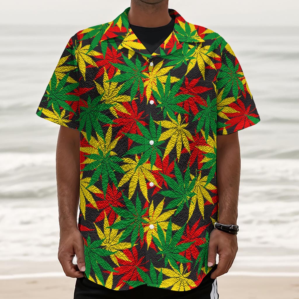 Classic Hemp Leaves Reggae Pattern Print Textured Short Sleeve Shirt