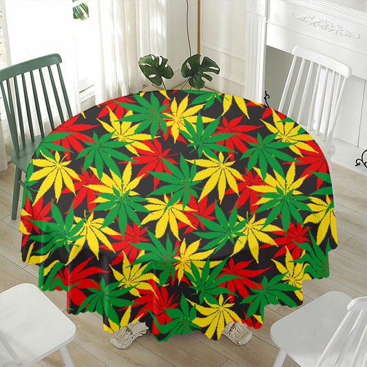 Classic Hemp Leaves Reggae Pattern Print Waterproof Round Tablecloth